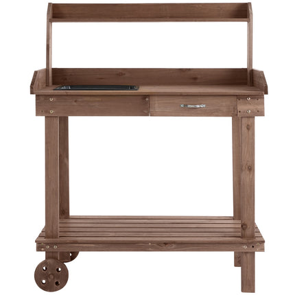 Garden spruce wooden planter table with sink and wheels