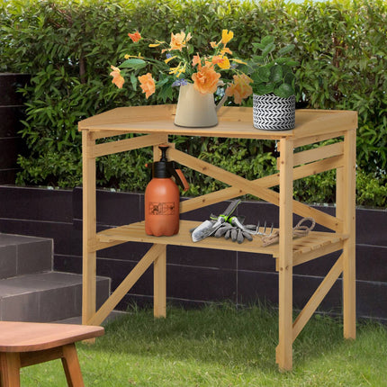 Wooden planter table with storage, Light brown, 80x40x84 cm