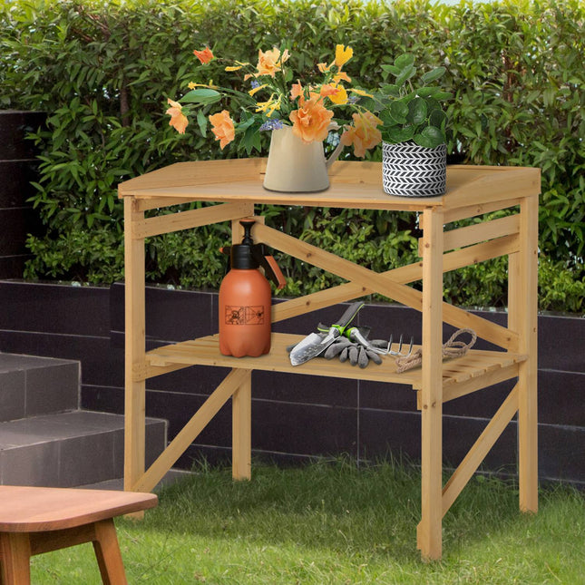 Wooden planter table with storage, Light brown, 80x40x84 cm