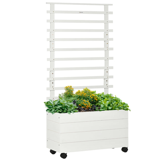 Garden planter box with trellis, wheels, natural wood