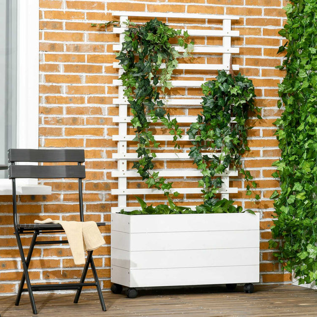 Garden planter box with trellis, wheels, natural wood