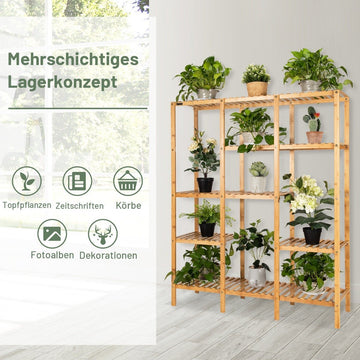 Plant shelf bamboo standing shelf with 5 levels flower stairs plant stand with hanging frame 114 x 31 x 141 cm natural