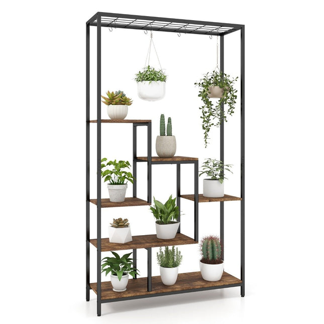 Plant stand 6 tiers 180 cm plant shelf metal with 10 S-hooks black + rustic brown