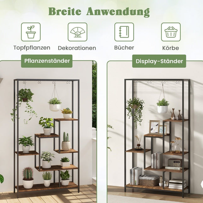 Plant stand 6 tiers 180 cm plant shelf metal with 10 S-hooks black + rustic brown