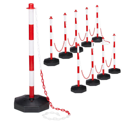 Plastic Barrier Posts with Chain, Red/White – Pack of 10