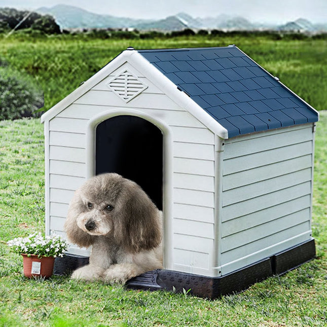 Plastic Dog House with Elevated Floor, Blue and White