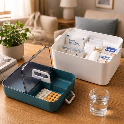 Plastic Medicine Storage Box, 4 Compartments, White