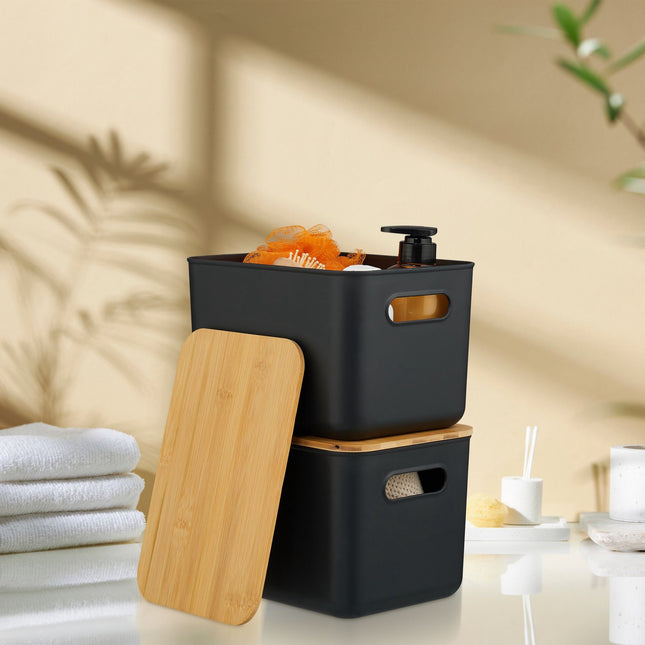 Plastic Storage Box Set with Bamboo Lid, Stackable