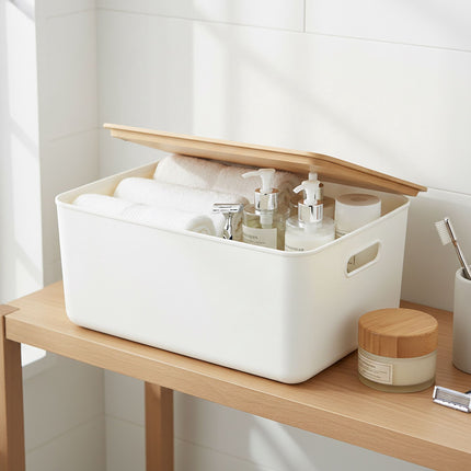 Plastic Storage Box Set with Bamboo Lid, Stackable Organisers