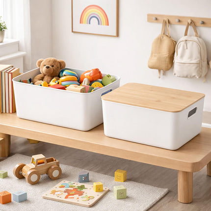 Plastic Storage Box Set with Bamboo Lid, Stackable Organisers