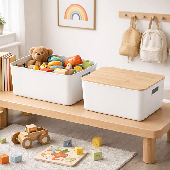 Plastic Storage Box Set with Bamboo Lid, Stackable Organisers