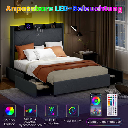 Platform Bed with LED Lights, Charging Station, Gray, 200x160 cm