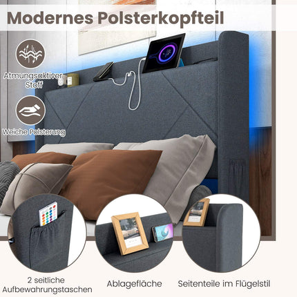 Platform Bed with LED Lights, Charging Station, Gray, 200x160 cm