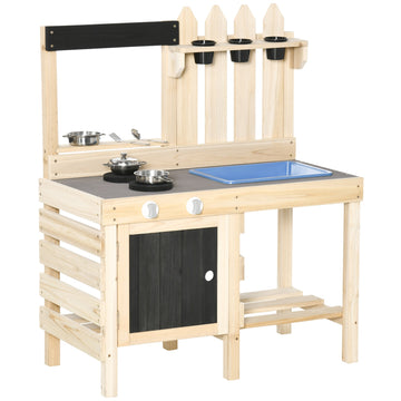 Wooden play kitchen with pots and tools in stainless steel