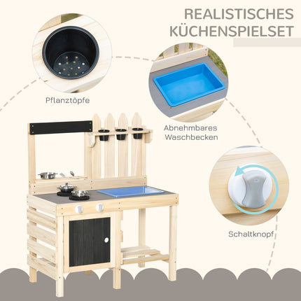 Wooden play kitchen with pots and tools in stainless steel