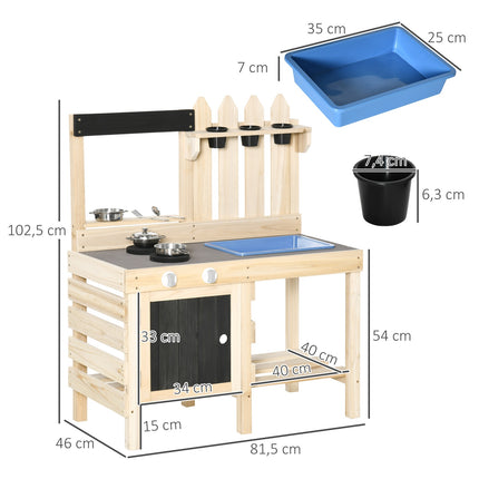 Wooden play kitchen with pots and tools in stainless steel