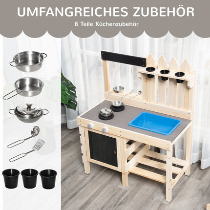 Wooden play kitchen with pots and tools in stainless steel
