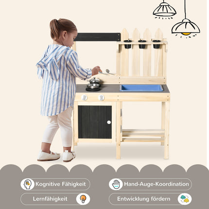 Wooden play kitchen with pots and tools in stainless steel