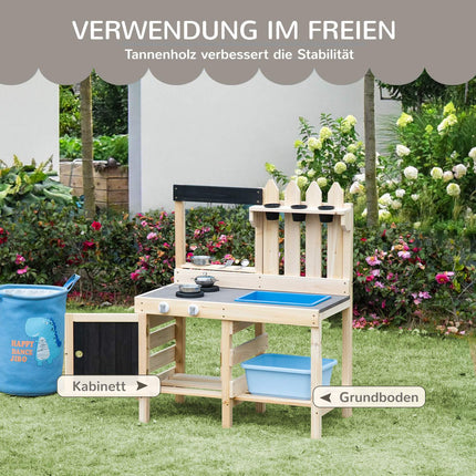Wooden play kitchen with pots and tools in stainless steel