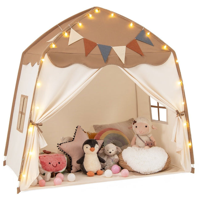 Playhouse Children's Indoor Children's Tent with Flags and Fairy Lights Princess Play Tent Coffee