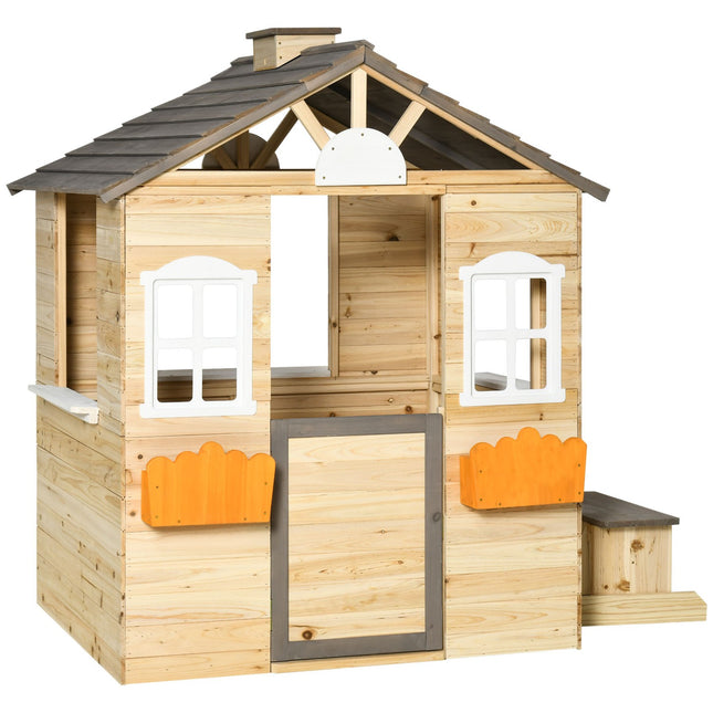 Wooden outdoor playhouse for children with flowers and mailbox