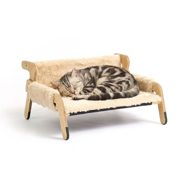 Plush Cat Hammock Bed, Beige – Pine Frame, 53x45.5 cm