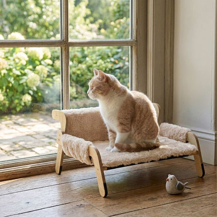 Plush Cat Hammock Bed, Beige – Pine Frame, 53x45.5 cm