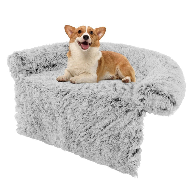 Plush bed for dogs with non-slip base, removable washable cover and soft neck roll, small 101 x 89 cm, grey-white