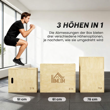 Plyo Box 3-in-1, Natural Wood, 51/61/76 cm, 120 kg Capacity
