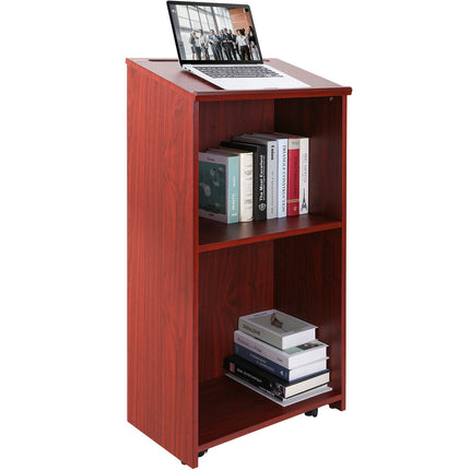 Podium Stand 47 in, Rolling Casters, Storage Shelves, Brown