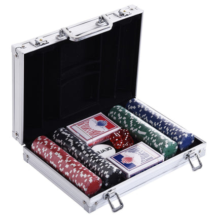 Poker set with 200 chips, cards and dice in an aluminum case