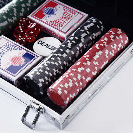 Poker set with 200 chips, cards and dice in an aluminum case