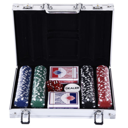 Poker set with 200 chips, cards and dice in an aluminum case