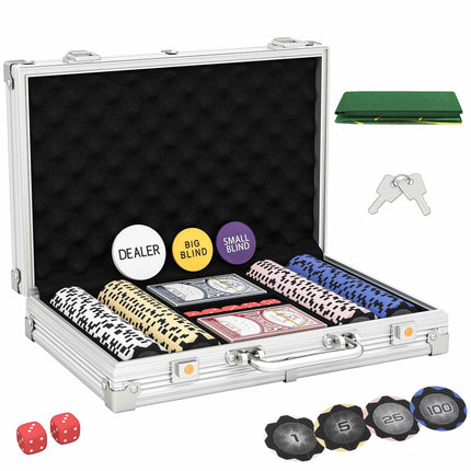 Poker Chip Set with Case, Dice, Dealer Button, 2 Decks
