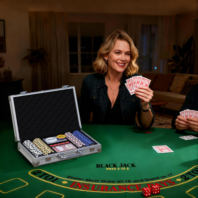 Pokerset met etui, dobbelstenen, dealerbutton en 2 pakken kaarten.