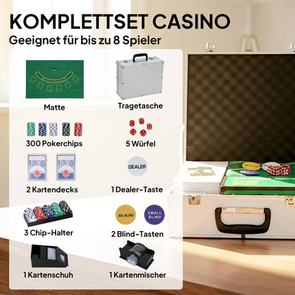 Poker Set with 300 Chips, 2 Decks, Dice, Case for 8 Players