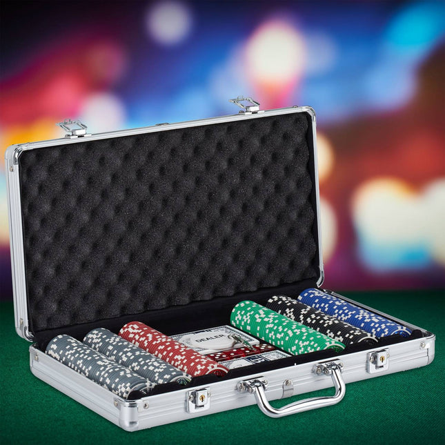 Pokerset met 300 metalen kernfiches en kaarten