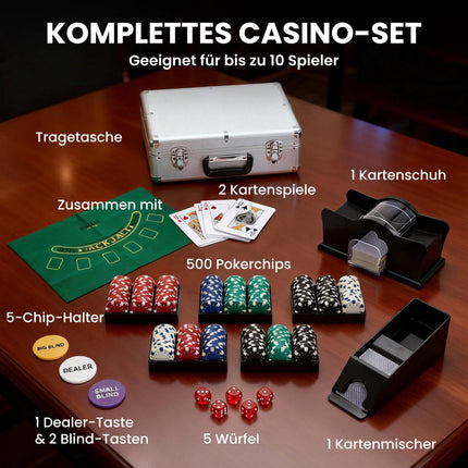 Poker Set with 500 Chips, 2 Decks, Dice, Case for 10 Players