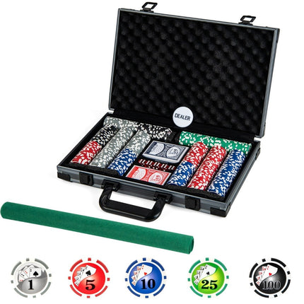 Poker set with 400 laser chips & 2 playing cards & 5 dice & dealer button aluminum poker case