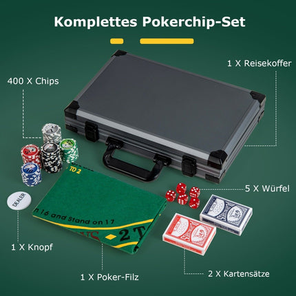 Poker set with 400 laser chips & 2 playing cards & 5 dice & dealer button aluminum poker case