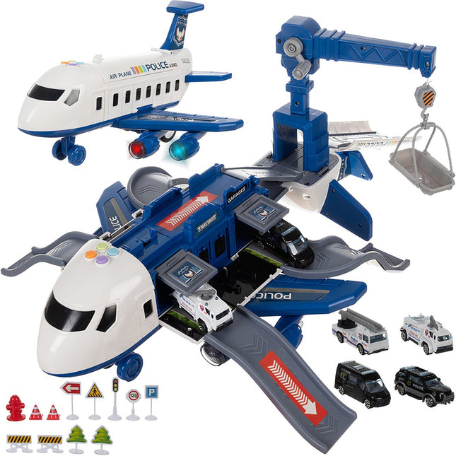 Police Plane Toy Set with Cars, Foldable Parking Lot