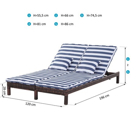 Double sun lounger, metal frame, 5-level backrest, blue/white