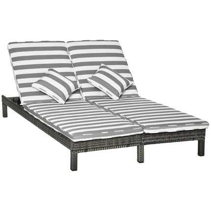 Dubbel Ligbed Van Poly Rattan Ligstoel Tuinligstoel Voor 2 Personen Relaxligstoel Luxe Lounge 5-Laags Rugleuning Metaal Pe Rotan Grijs + Wit