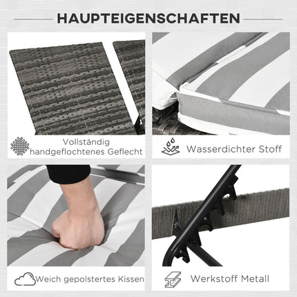 Dubbel Ligbed Van Poly Rattan Ligstoel Tuinligstoel Voor 2 Personen Relaxligstoel Luxe Lounge 5-Laags Rugleuning Metaal Pe Rotan Grijs + Wit