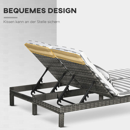 Dubbel Ligbed Van Poly Rattan Ligstoel Tuinligstoel Voor 2 Personen Relaxligstoel Luxe Lounge 5-Laags Rugleuning Metaal Pe Rotan Grijs + Wit