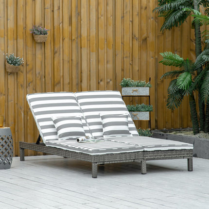 Dubbel Ligbed Van Poly Rattan Ligstoel Tuinligstoel Voor 2 Personen Relaxligstoel Luxe Lounge 5-Laags Rugleuning Metaal Pe Rotan Grijs + Wit