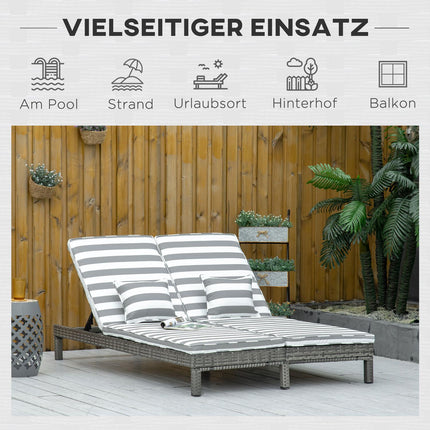 Dubbel Ligbed Van Poly Rattan Ligstoel Tuinligstoel Voor 2 Personen Relaxligstoel Luxe Lounge 5-Laags Rugleuning Metaal Pe Rotan Grijs + Wit