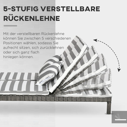 Dubbel Ligbed Van Poly Rattan Ligstoel Tuinligstoel Voor 2 Personen Relaxligstoel Luxe Lounge 5-Laags Rugleuning Metaal Pe Rotan Grijs + Wit