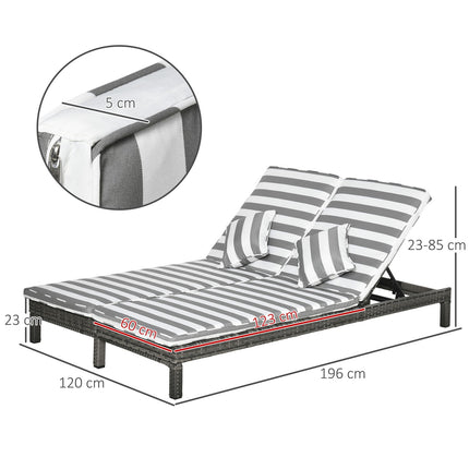 Dubbel Ligbed Van Poly Rattan Ligstoel Tuinligstoel Voor 2 Personen Relaxligstoel Luxe Lounge 5-Laags Rugleuning Metaal Pe Rotan Grijs + Wit
