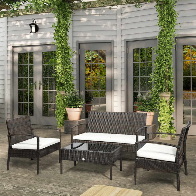 Garden sofa set in 4 parts of poly rattan, brown & cream